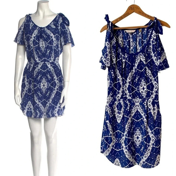 Rebecca Taylor Silk Cold Shoulder Dress Blue White Batik Print Size 4 - Picture 1 of 15